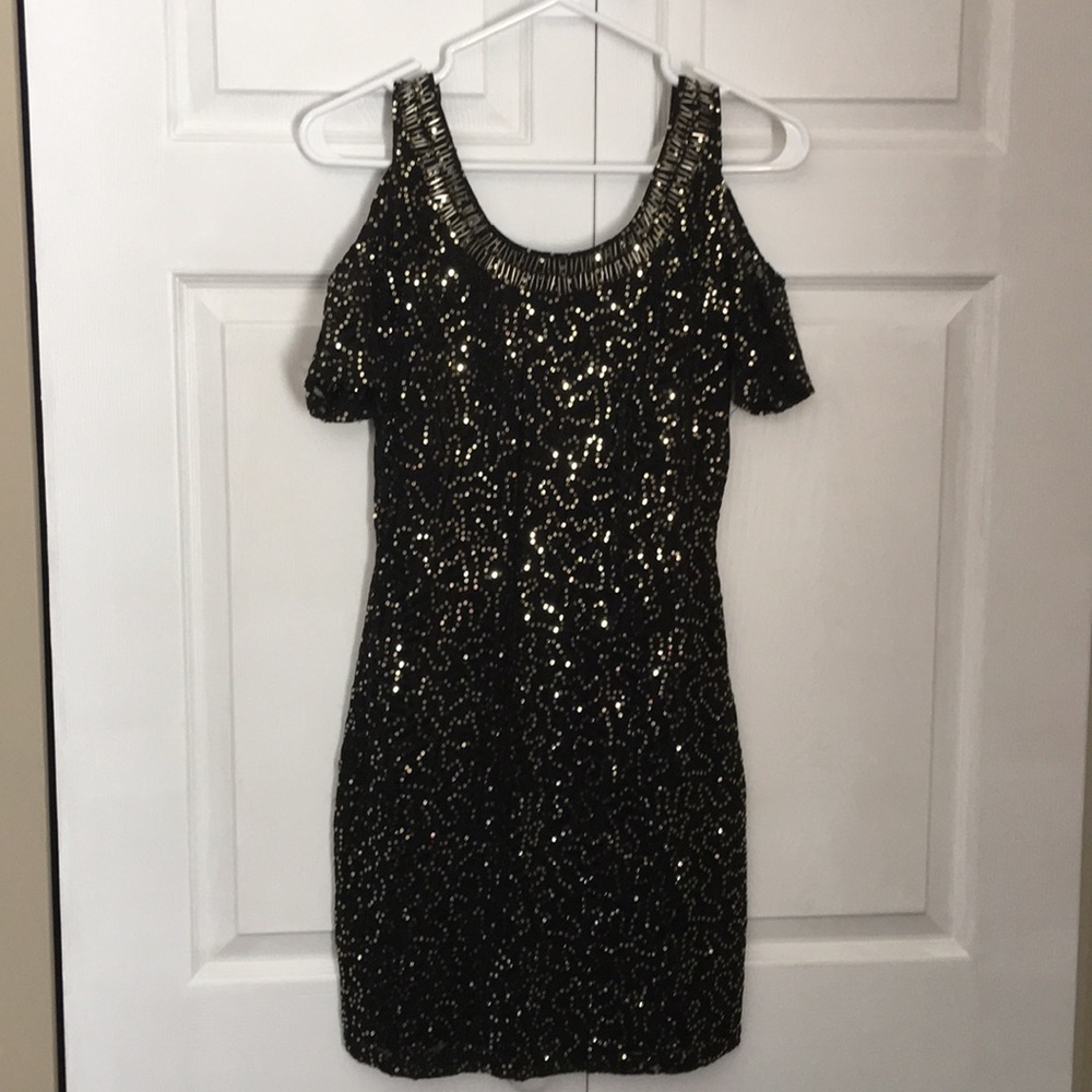 Black with gold sequins all over cold shoulder